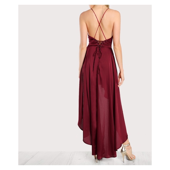 Burgundy Lace Up Back High Low Satin Maxi Dress - Picture 3 of 8